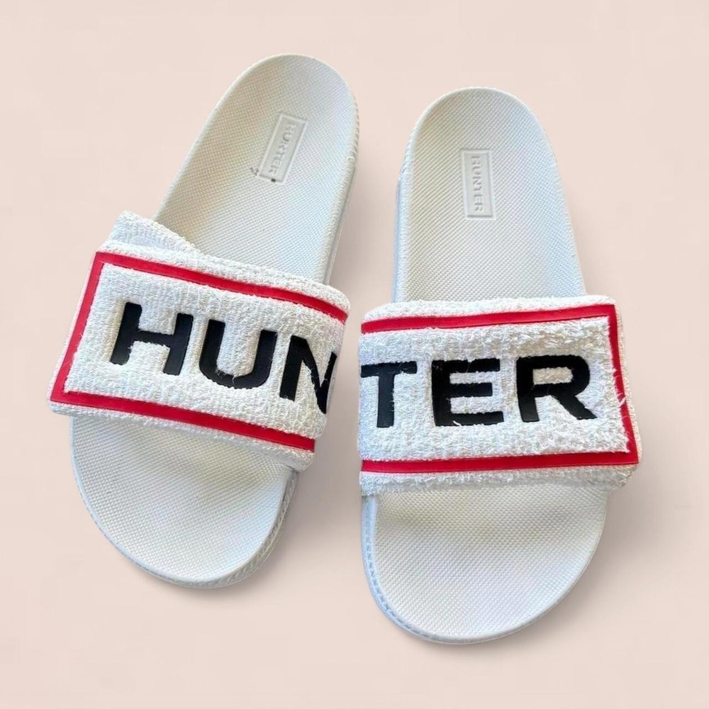 Hunter Slides Women's US 6 White Logo Terry Strap Sandals